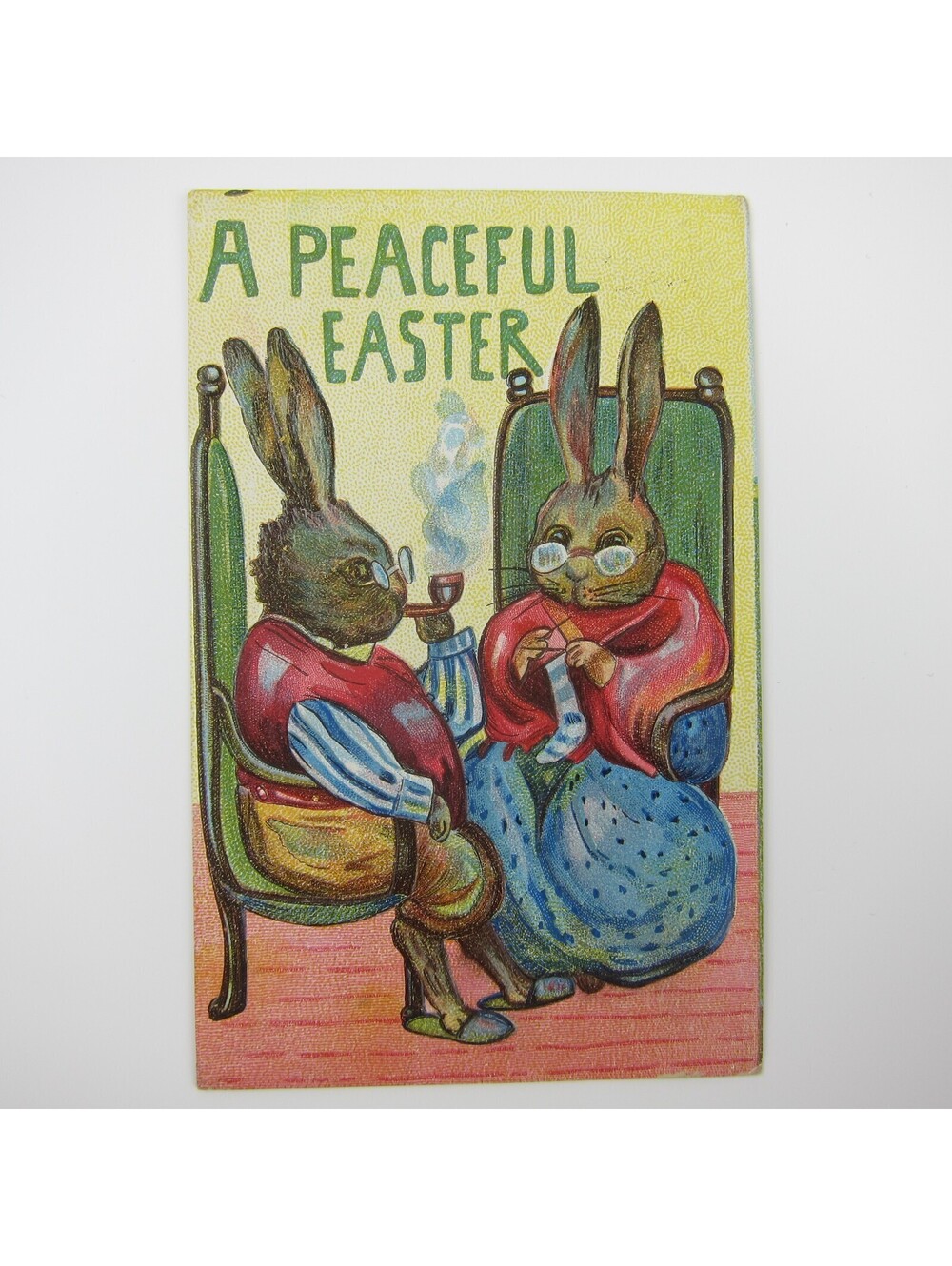 Easter Postcard Anthropomorphic Rabbit Grandma Knits Grandpa Smokes Pipe Antique